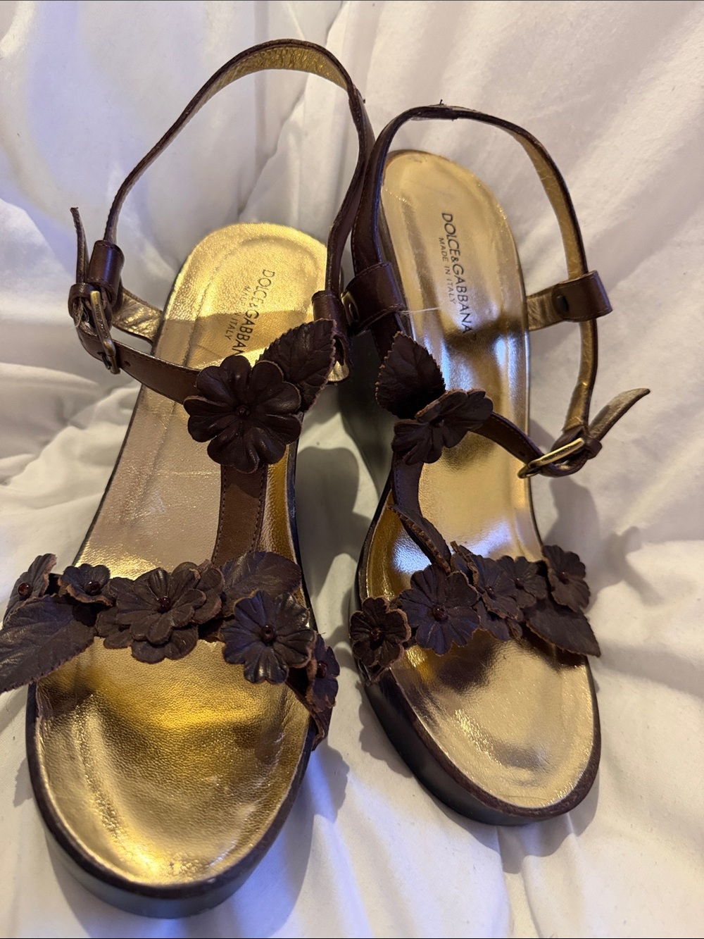 Dolce & Gabbana Brown Floral Leather Wedge Slingback Platform Sandals Y2K